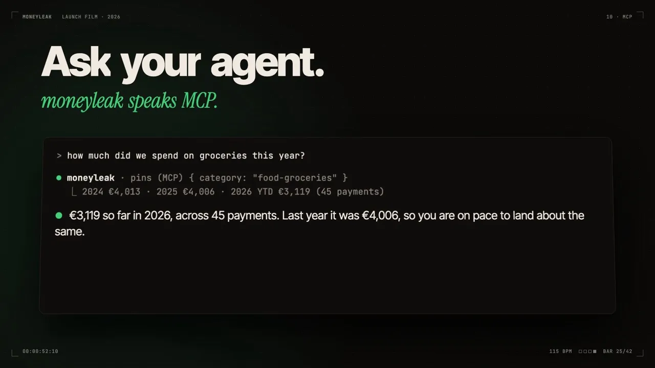 An agent answering a groceries question from MoneyLeak data