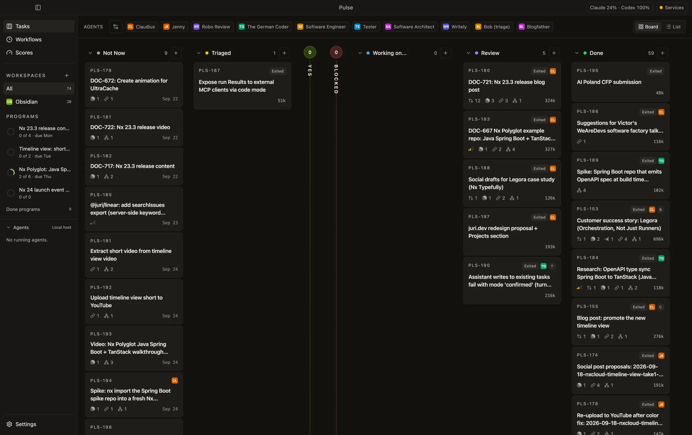 Pulse board with task columns and the list of agents