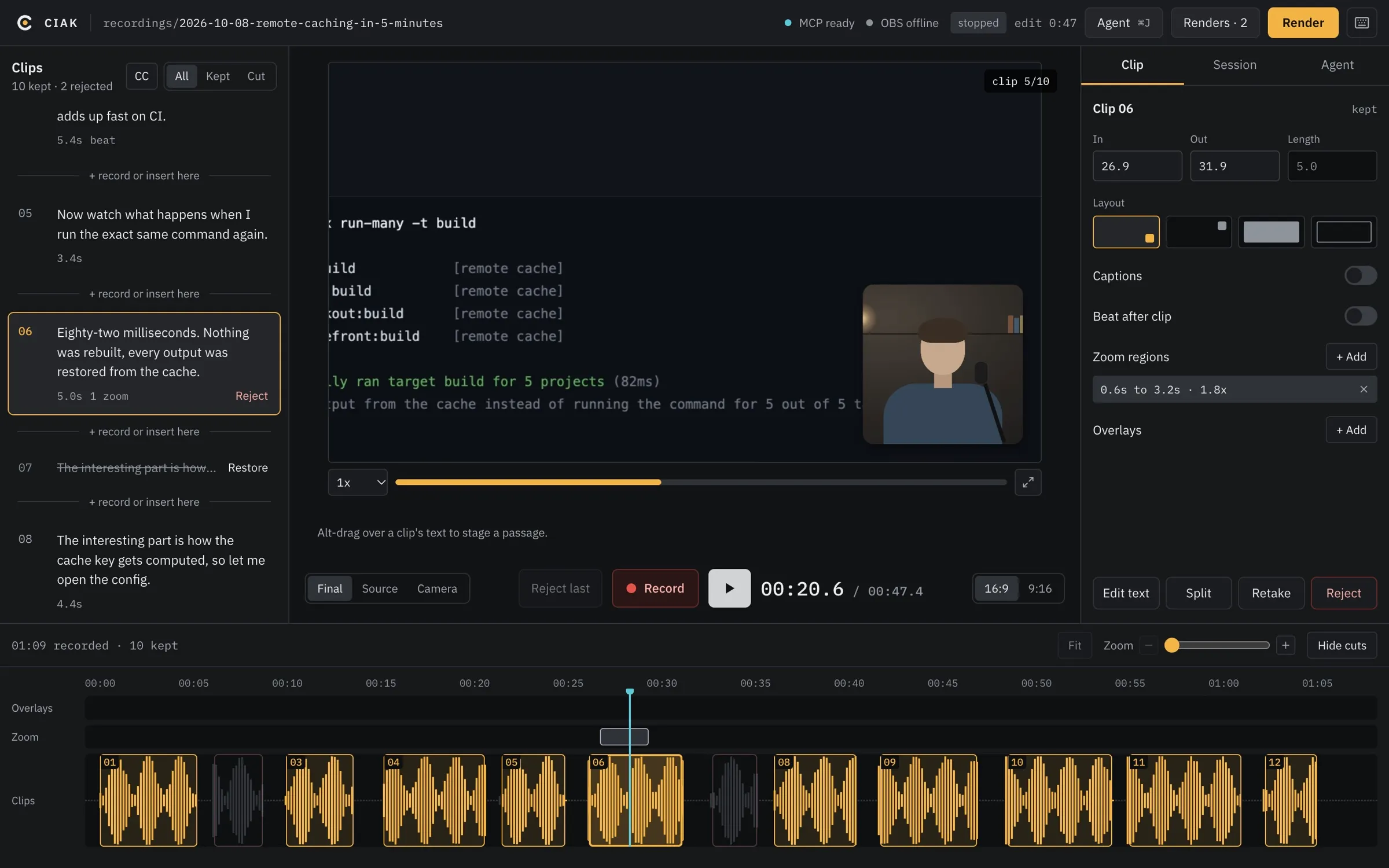 ciak clip inspector with layout, captions and a zoom region