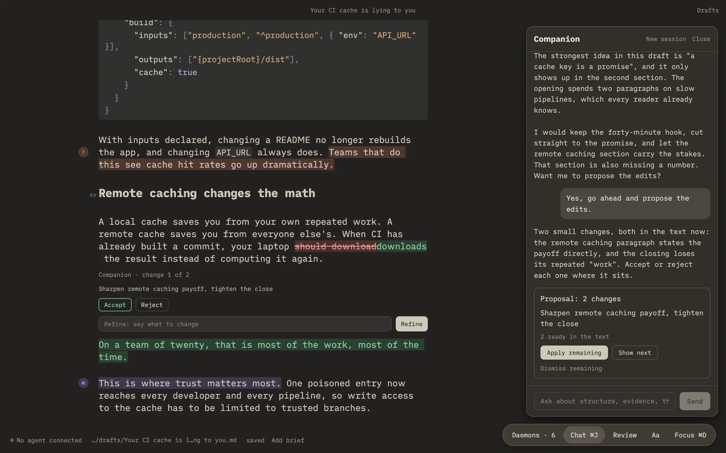Quill companion chat next to the draft with a two-change proposal