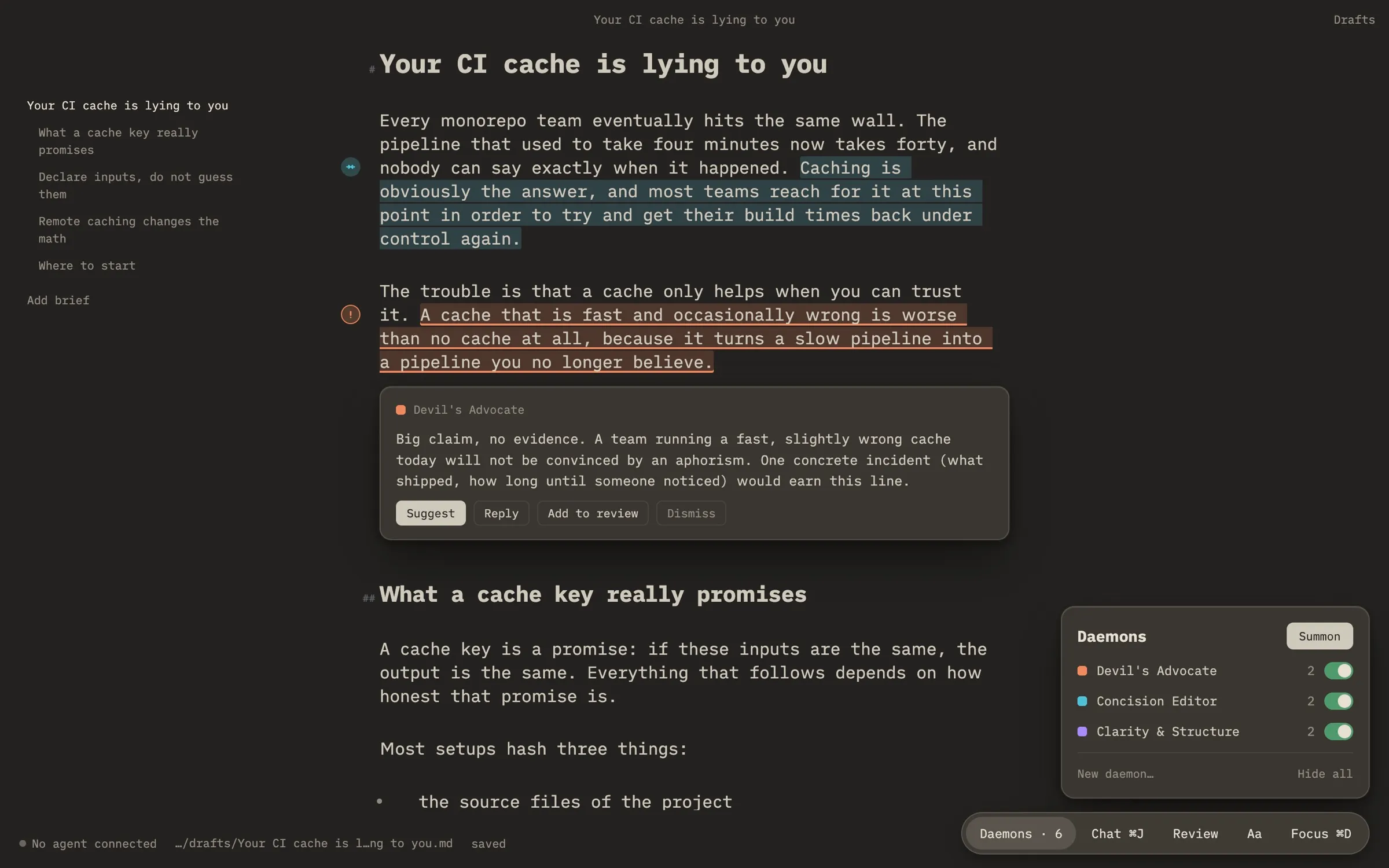 Quill editor with a Devil's Advocate comment under a highlighted sentence