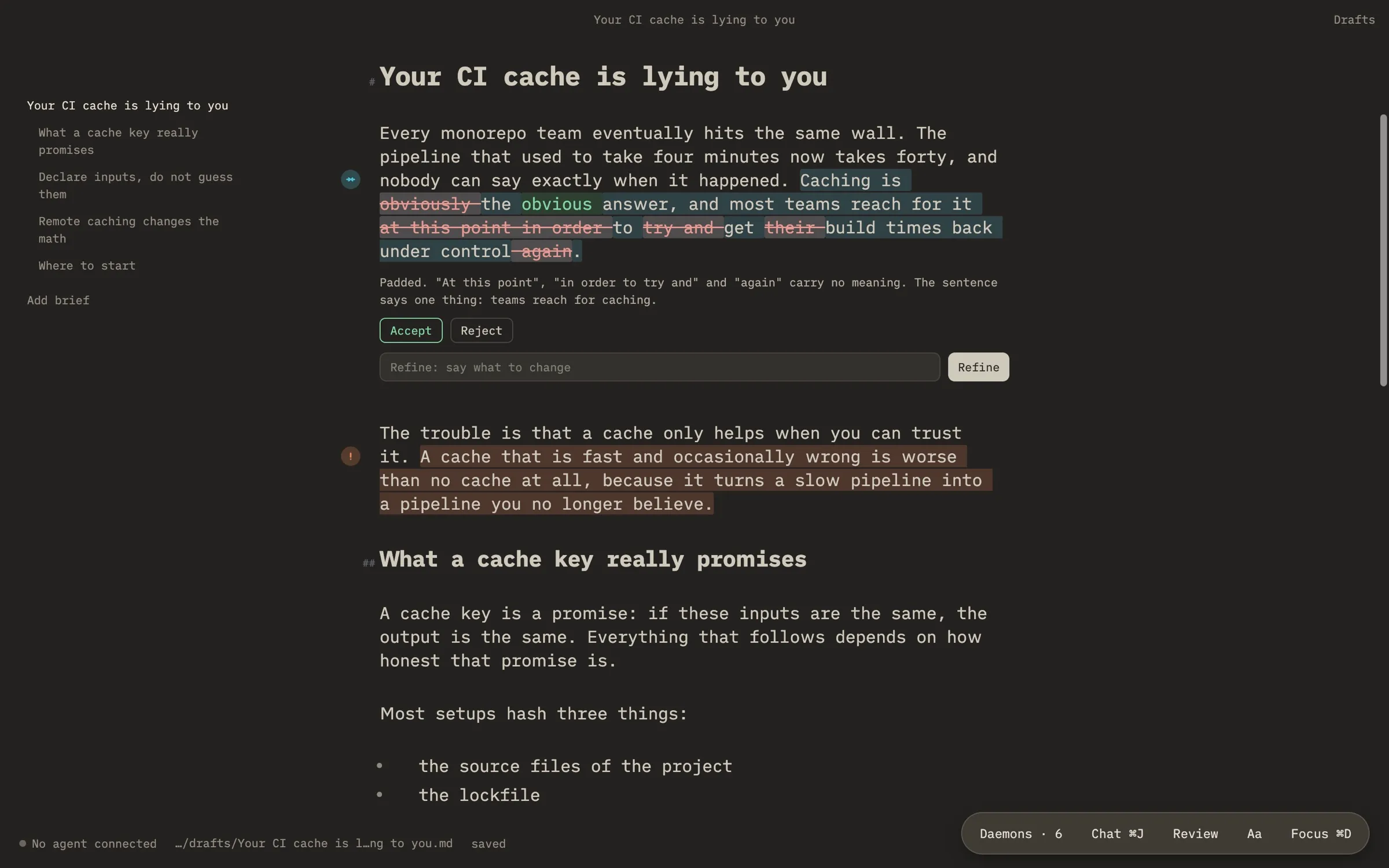 Quill showing a proposed edit as an inline word diff with accept and reject