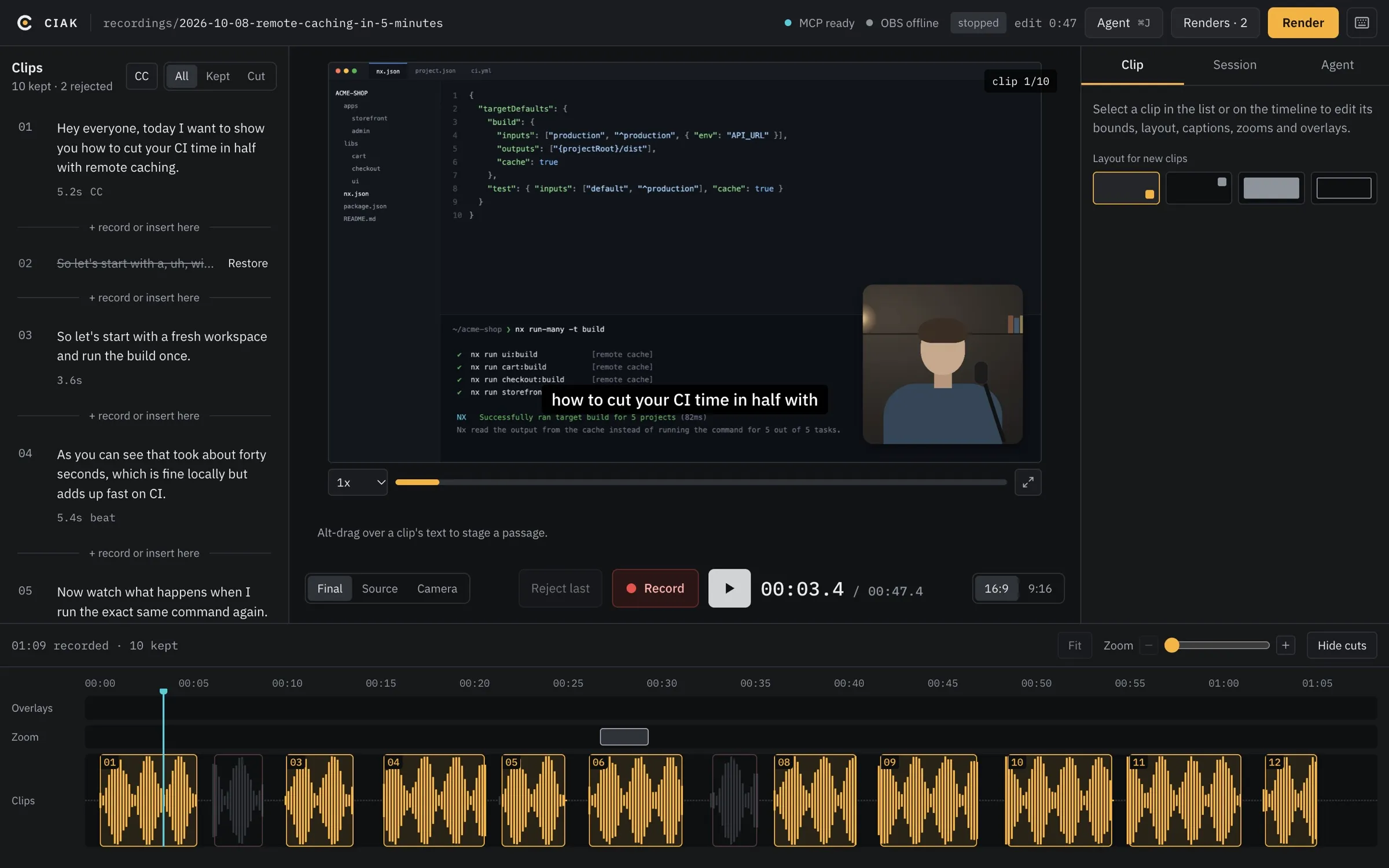 ciak editor with the clip list, the preview and the waveform timeline