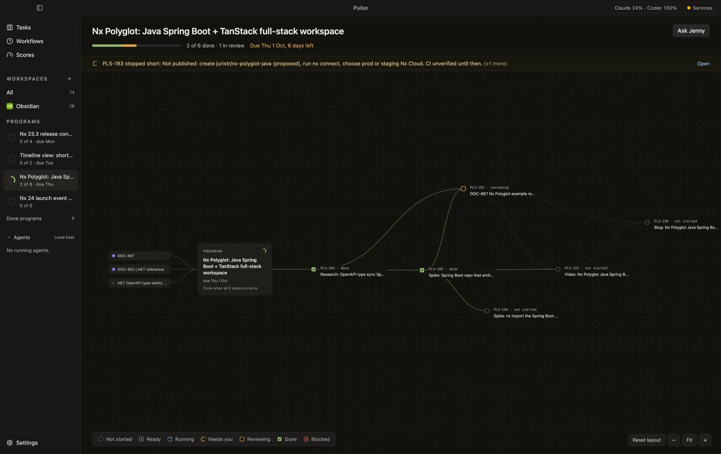 Pulse program view with tasks drawn as a dependency graph