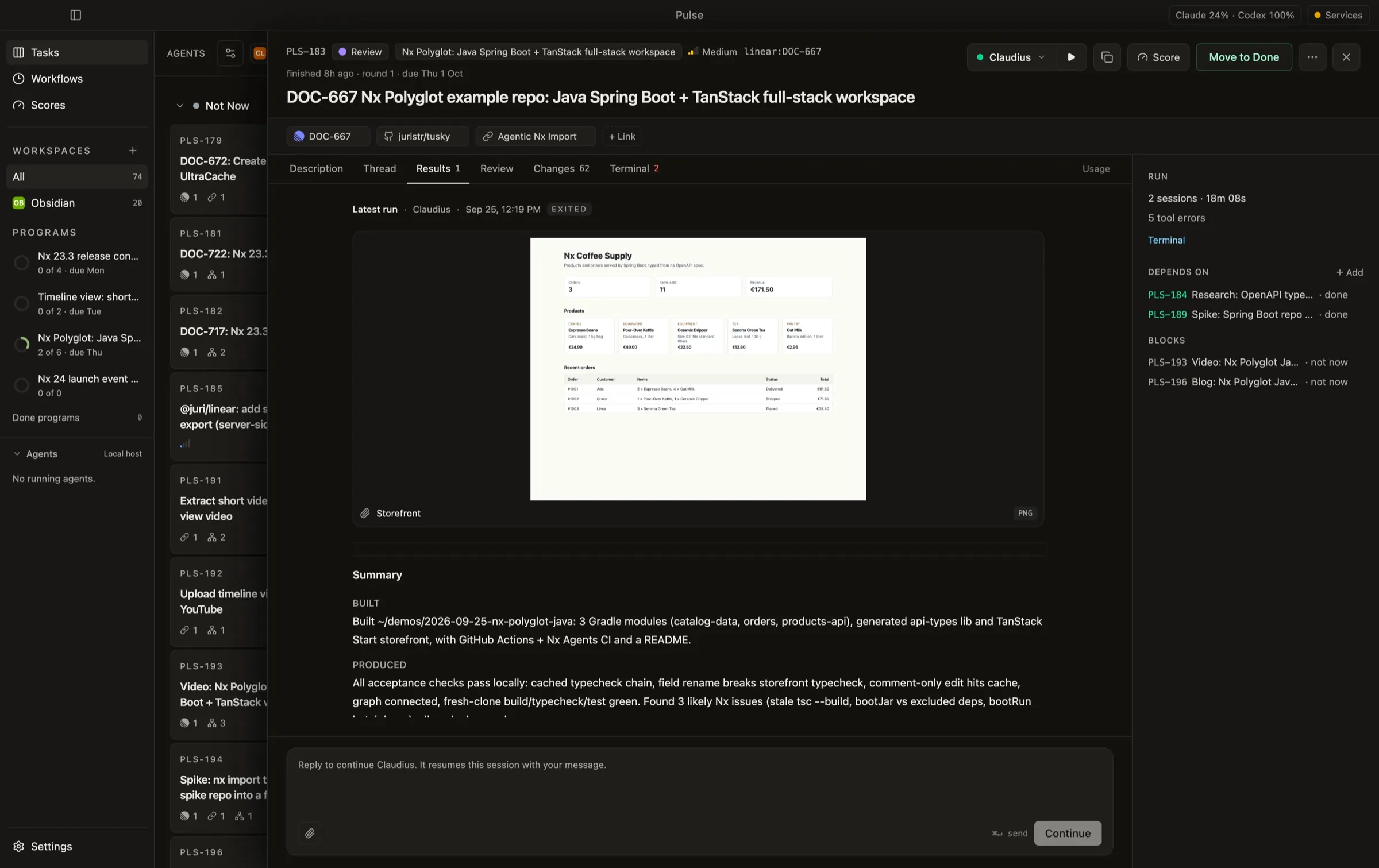 Pulse task detail showing the results of an agent run