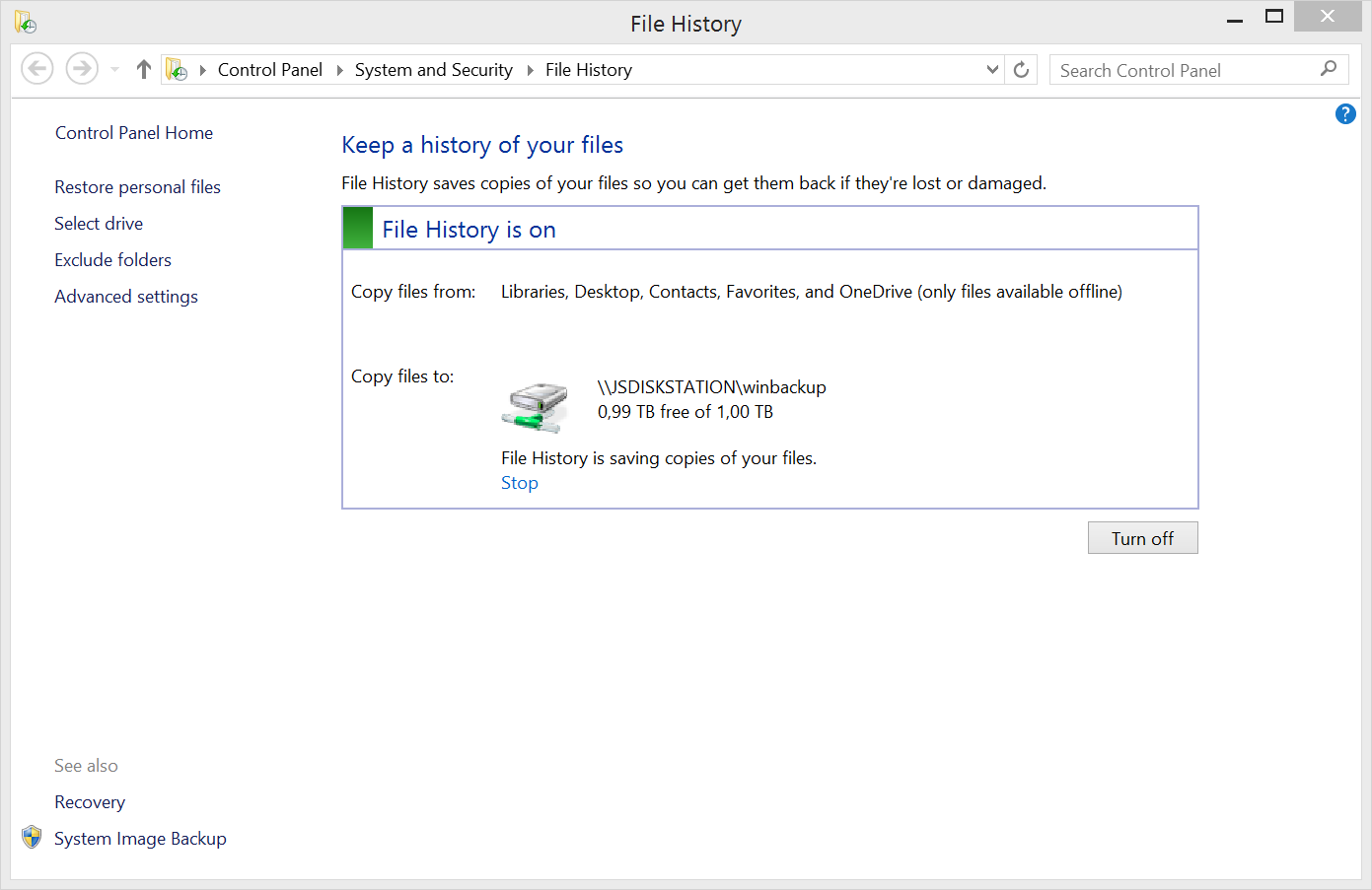 Setup file history backup to my disk station